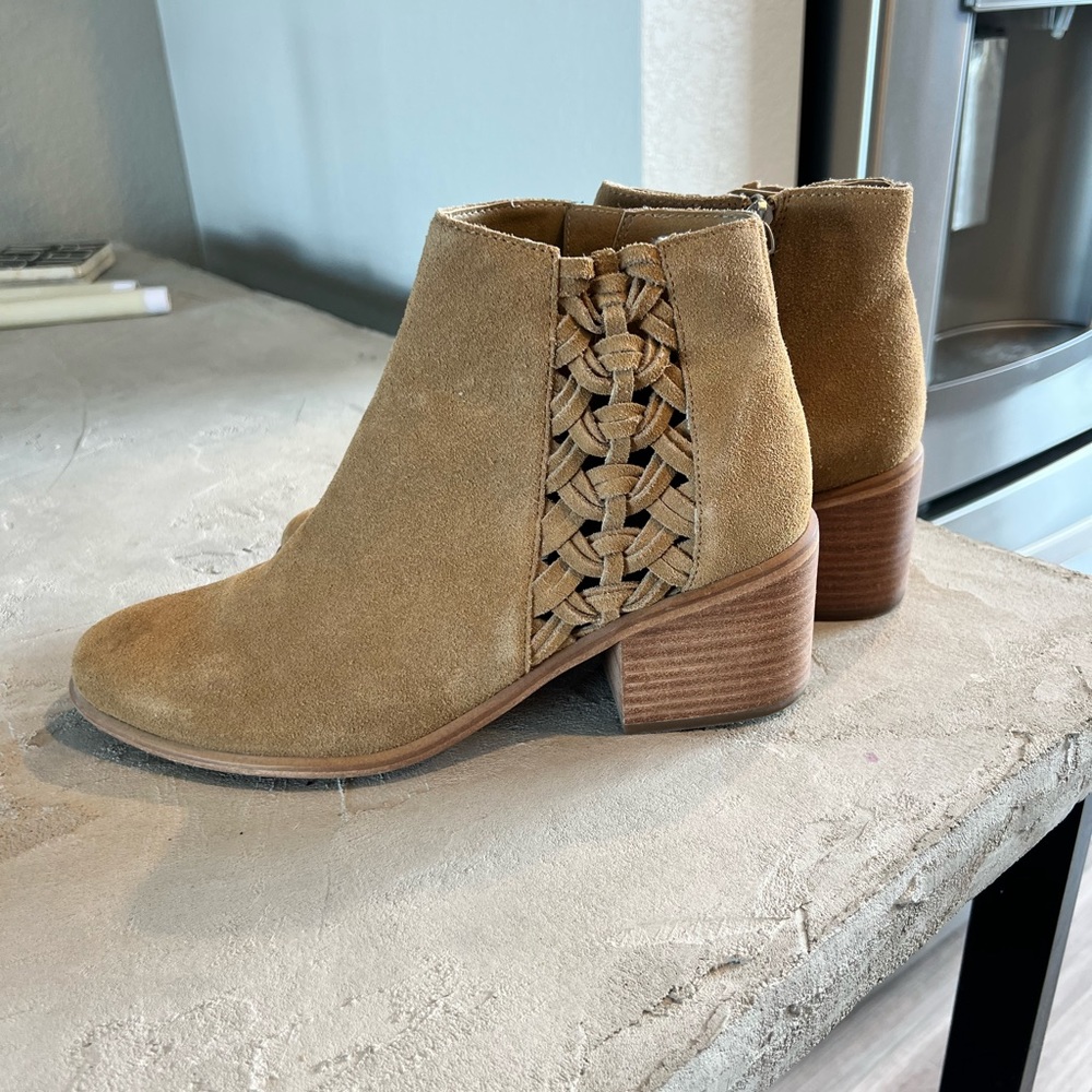 Tan Suede Woven Ankle Booties